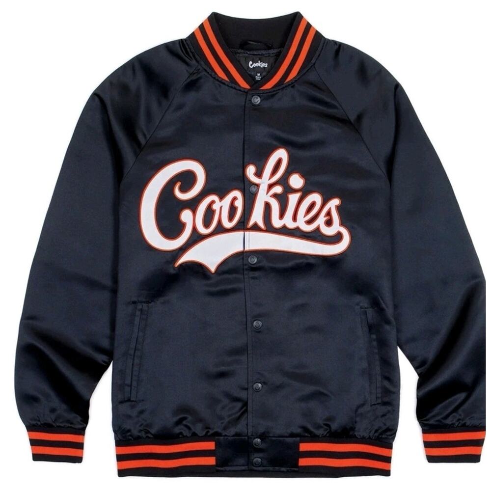 Cookies Bases Loaded Satin Varsity Jacket Snap Size Small Black/Orange BNWT